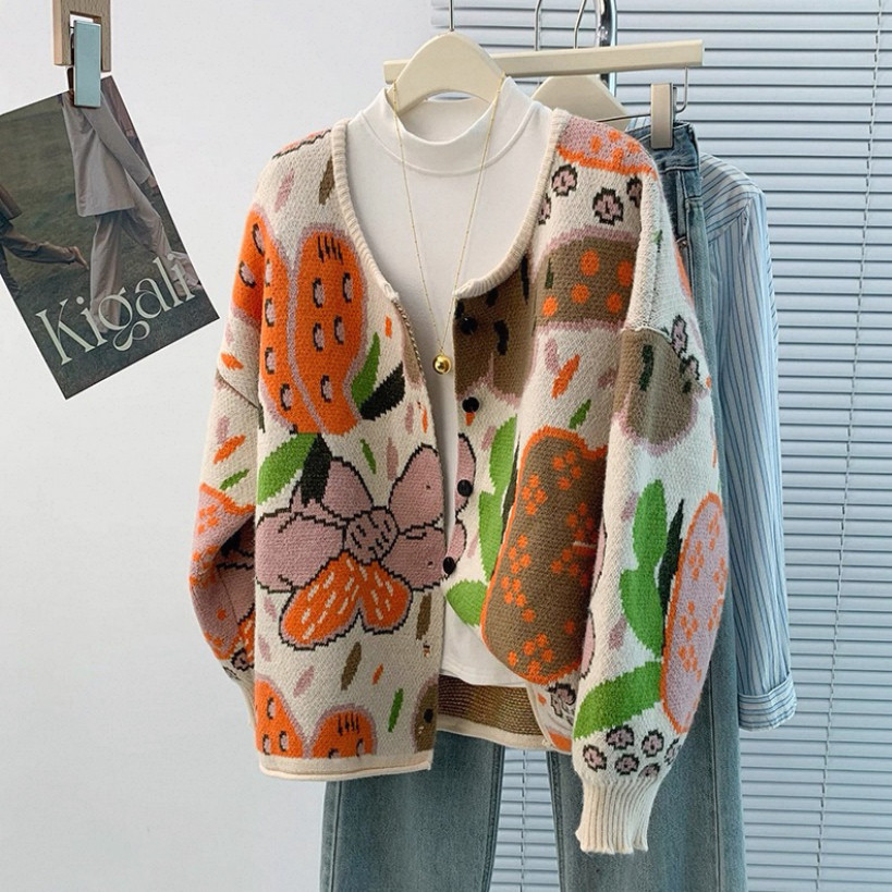 カーディガン、ニット、ジャカード、春、秋冬、防寒対策