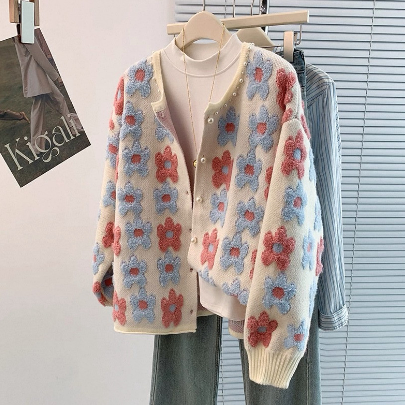 カーディガン、ニット、ジャカード、春、秋冬、防寒対策