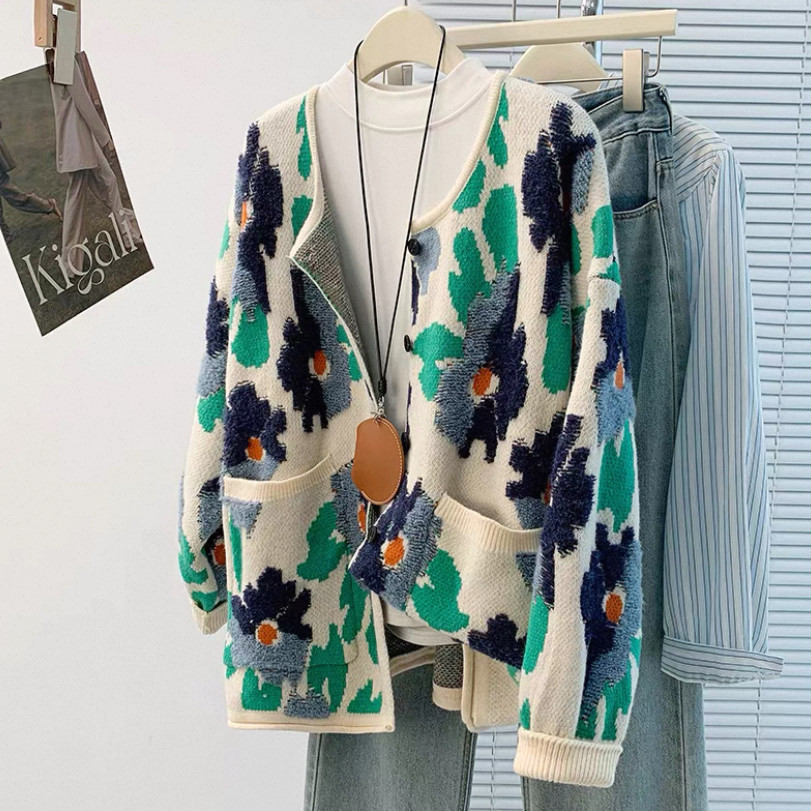 カーディガン、ニット、ジャカード、春、秋冬、防寒対策