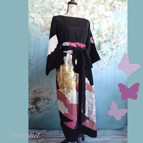 d104 3Lサイズくらい 着物ワンピース サッシュベルト付き 着物リメイク