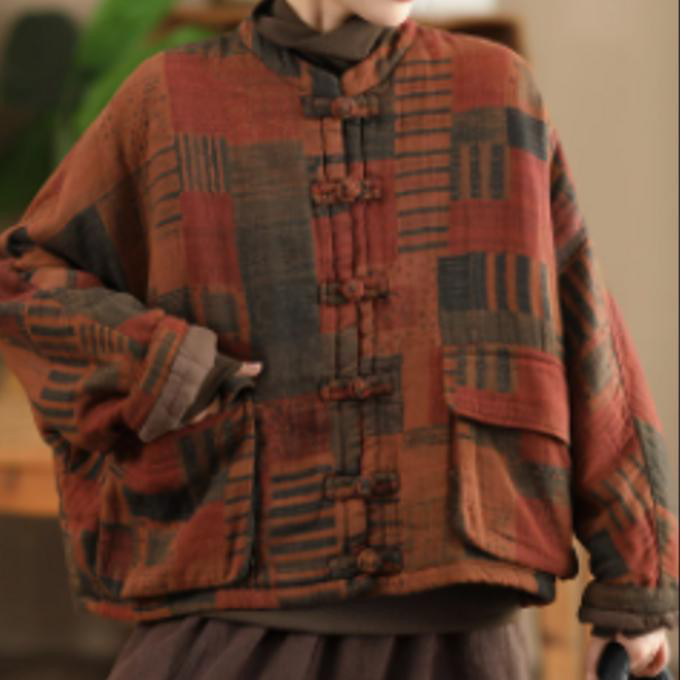 冬のレトロな炒め色プリント全綿厚手の綿入れコート女性新中式手作業で綿入れを挟んだ綿入れ