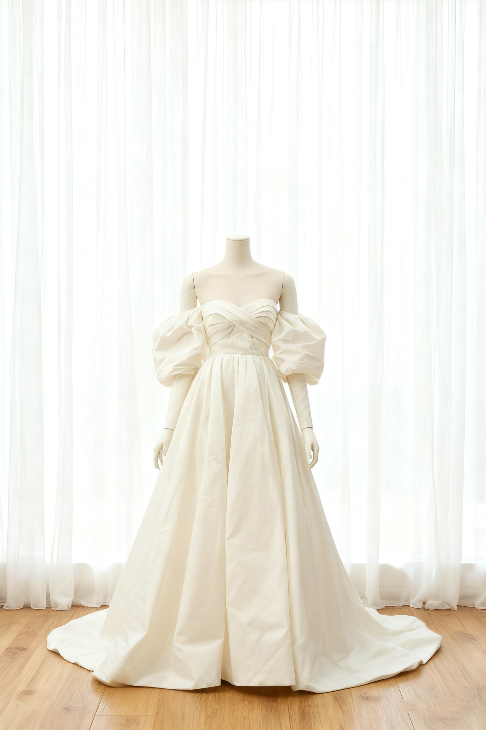 送料無料！パーティードレス パフスリーブ シルクタフタ アイボリー ハンドドレープ 前撮り 2次会