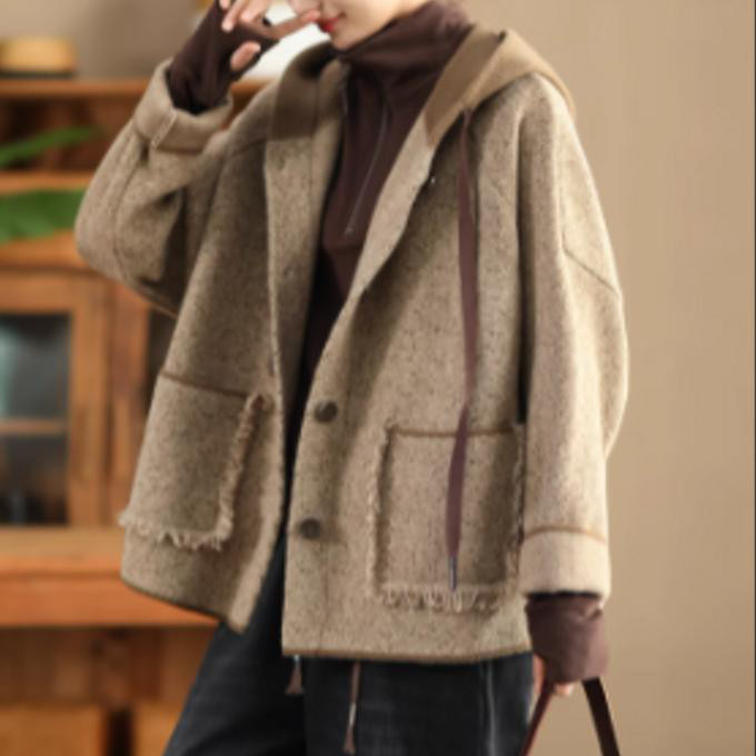 2025年冬ウールカシミヤ高密ニット連帽コート女性シルエット保温ミディアムフラワーコート