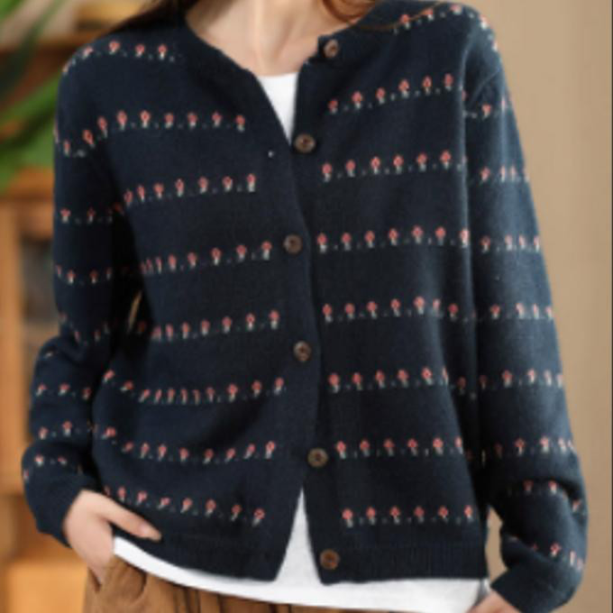 刺繍毛織ニット女性柔らか保温長袖セーターコートシングルバックルアウター