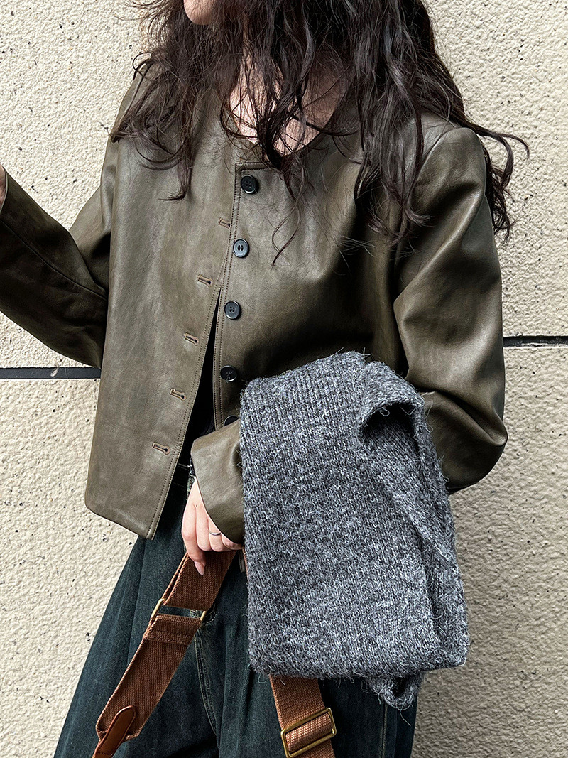 トレンド必携！クール高級感リバーシブル襟 PU レザーコート 女性秋冬モーターサイクルジャケット ショート77