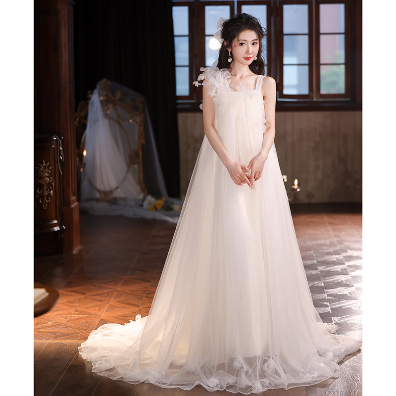 綺麗 白 ノースリーブ ウェディングドレス パーティー 裾引き 韓国風 花嫁 結婚式 前撮り 披露宴 A7181