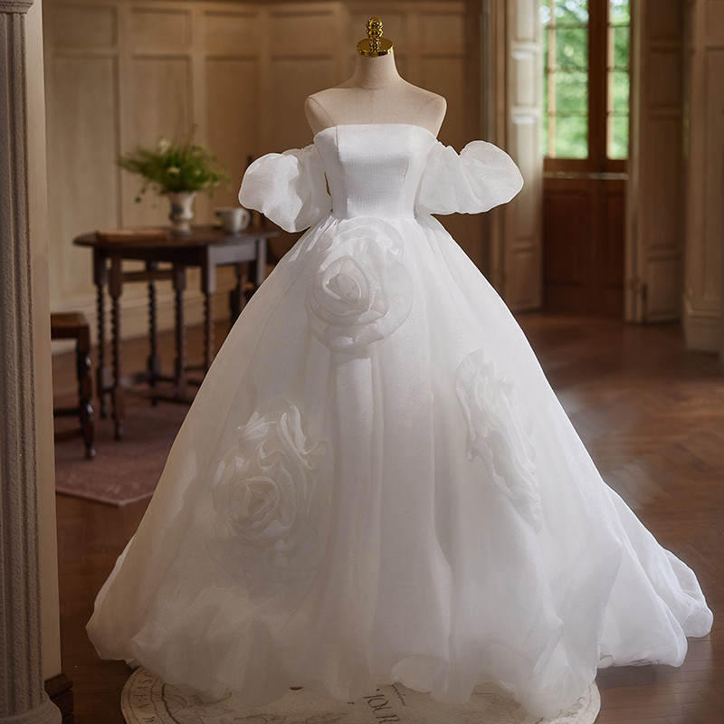 綺麗 白 オフショルダー 特大立体花 ウェディングドレス パーティー 韓国風 花嫁 結婚式 前撮り 披露宴 A7182