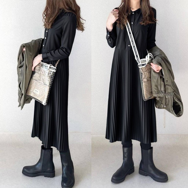 秋レディース長袖カラープリーツパッチワークドレス【返品・交換可】品質最優先25-460