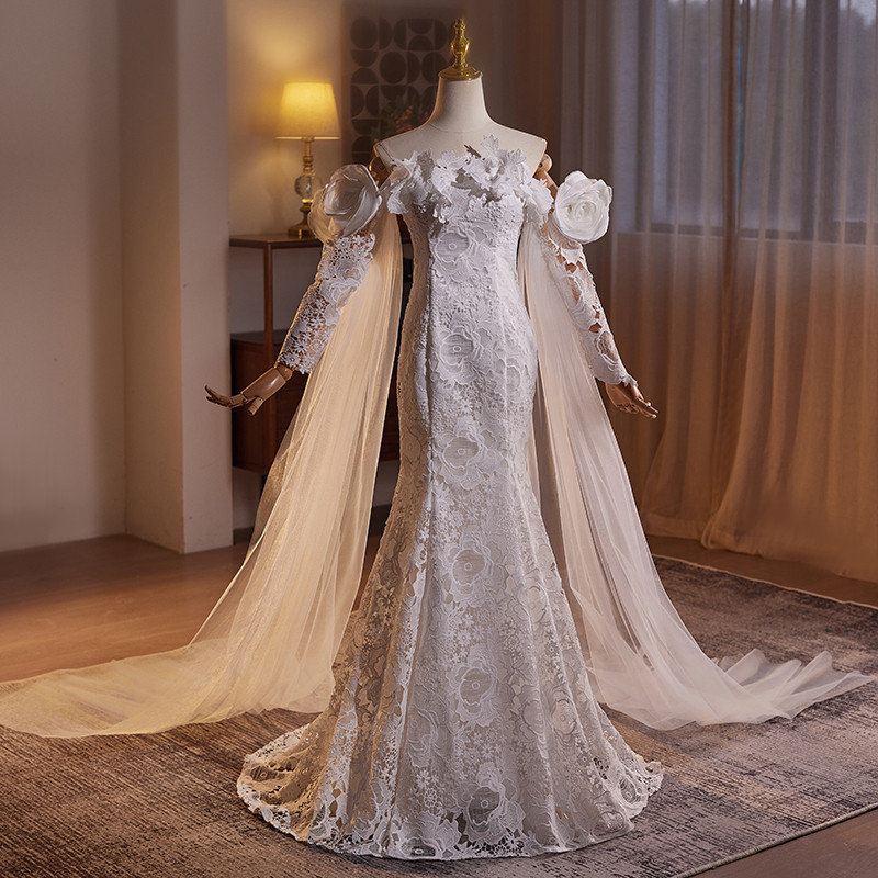 綺麗 白 レース 肩飾りが付 マーメイドドレス 裾引き パーティー 韓国風 花嫁 結婚式 前撮り 披露宴 A7186