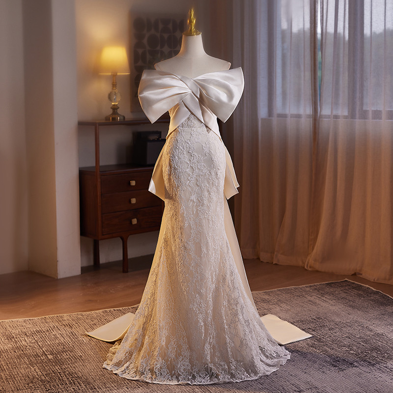 綺麗 シャンパン色 リボン マーメイドドレス 裾引き パーティー 花嫁 結婚式 前撮り 披露宴 A7187