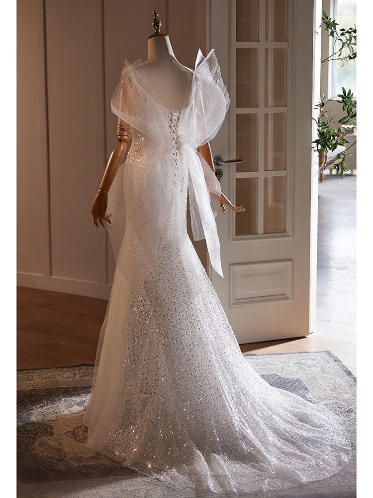 綺麗 白 キラキラグリッター マーメイドドレス 裾引き パーティー 高級感 花嫁 結婚式 前撮り 披露宴 A7188