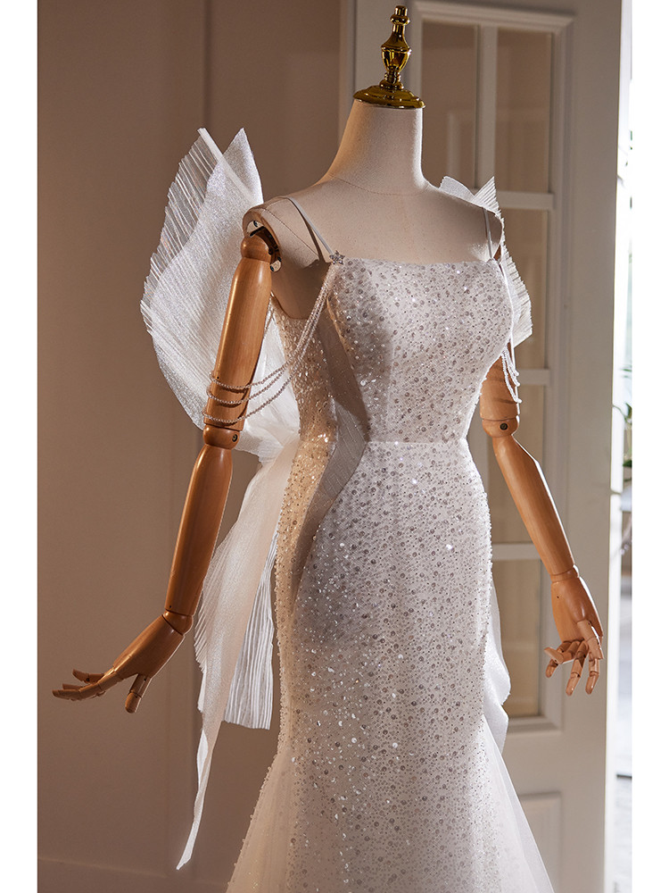 綺麗 白 キラキラグリッター マーメイドドレス 裾引き パーティー 高級感 花嫁 結婚式 前撮り 披露宴 A7188