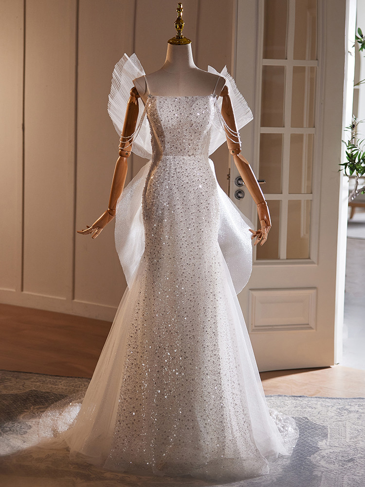綺麗 白 キラキラグリッター マーメイドドレス 裾引き パーティー 高級感 花嫁 結婚式 前撮り 披露宴 A7188