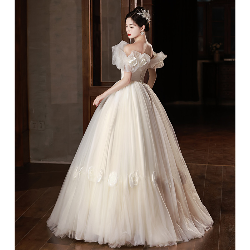 綺麗 白 ふわふわ オフショルダー 花 ウェディングドレス パーティー 結婚式 花嫁 前撮り 披露宴 A7191