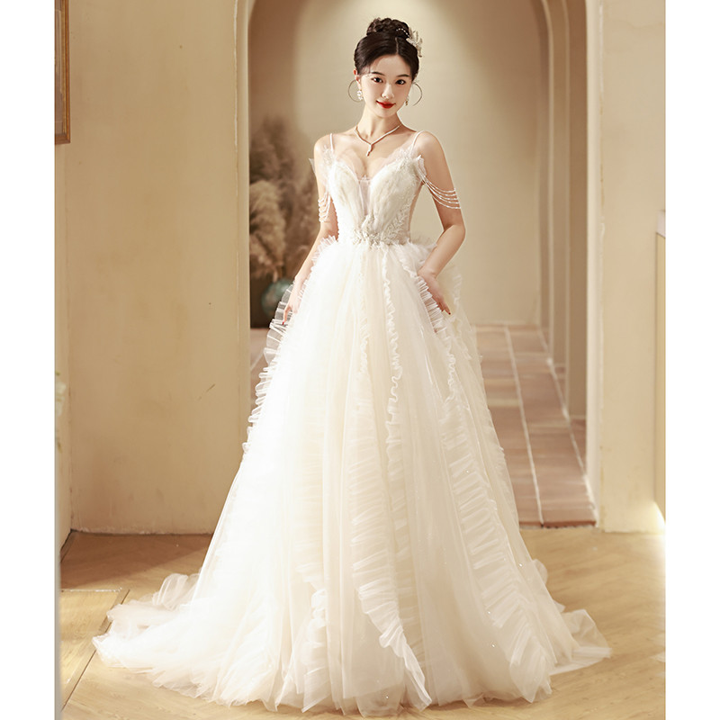 綺麗 白 ノースリーブ ウェディングドレス パーティー 高級感 韓国風 結婚式 花嫁 前撮り 披露宴 A7196