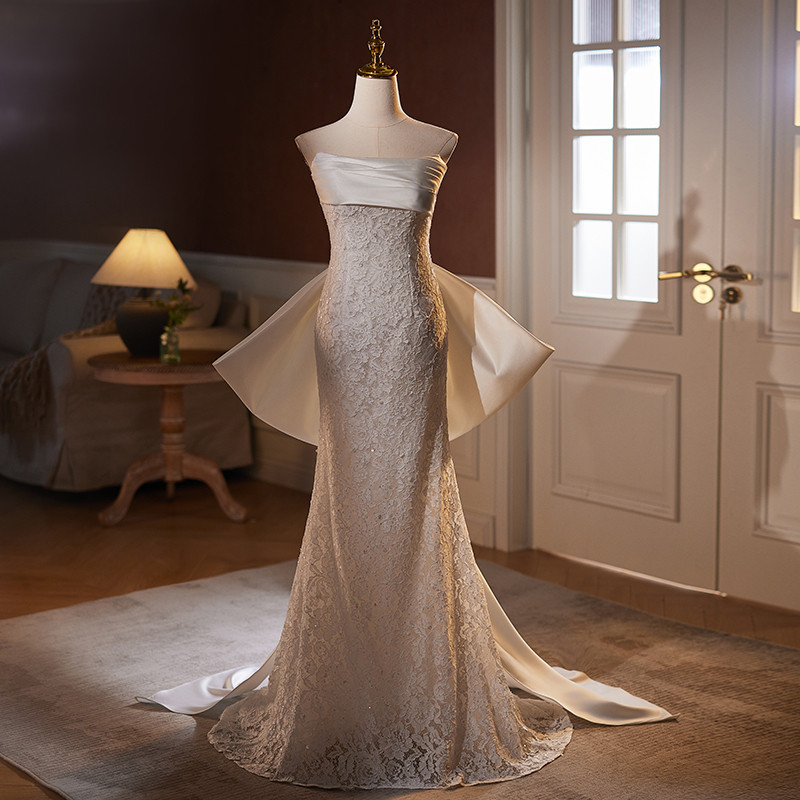 綺麗 白 レース ノースリーブ 特大リボン ウェディングドレス パーティー 結婚式 花嫁 前撮り 披露宴 A7197