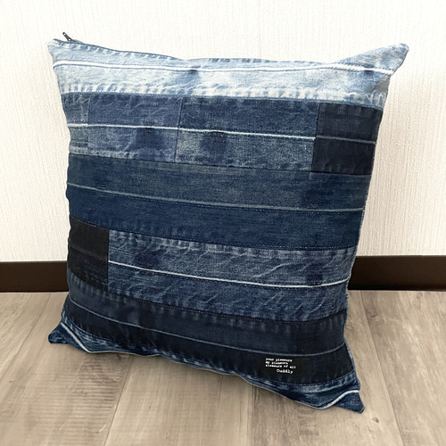 デニムクッションカバー ネイビーブルー 45cm用 ハンドメイド ジーンズ