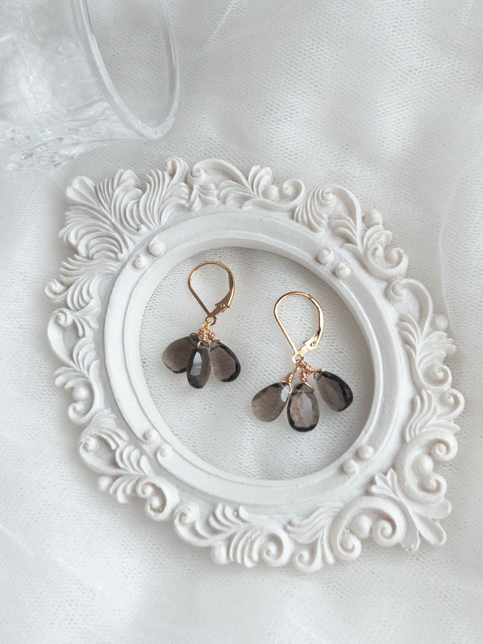 【高品質】14kgf スモーキークォーツピアス　天然石ピアス　秋冬ピアス　ファセットペアシェイプ　プレゼント　ギフト