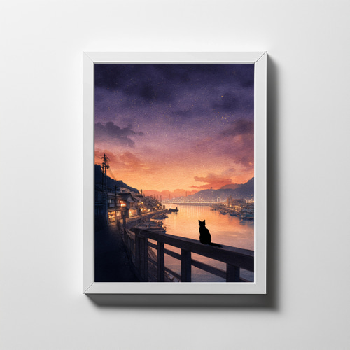 尾道の黄昏に佇む黒猫 かわいい・癒し系、おしゃれ・モダン系 水彩画