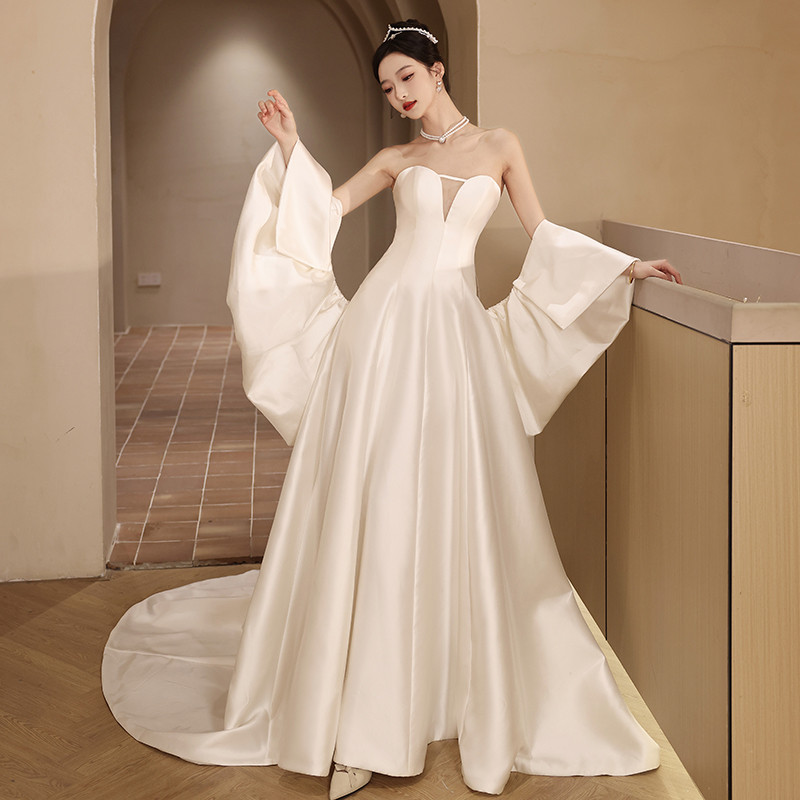 綺麗 白 サテン オフショルダー ウェディングドレス パーティー 高級感 結婚式 花嫁 前撮り 披露宴 A7211