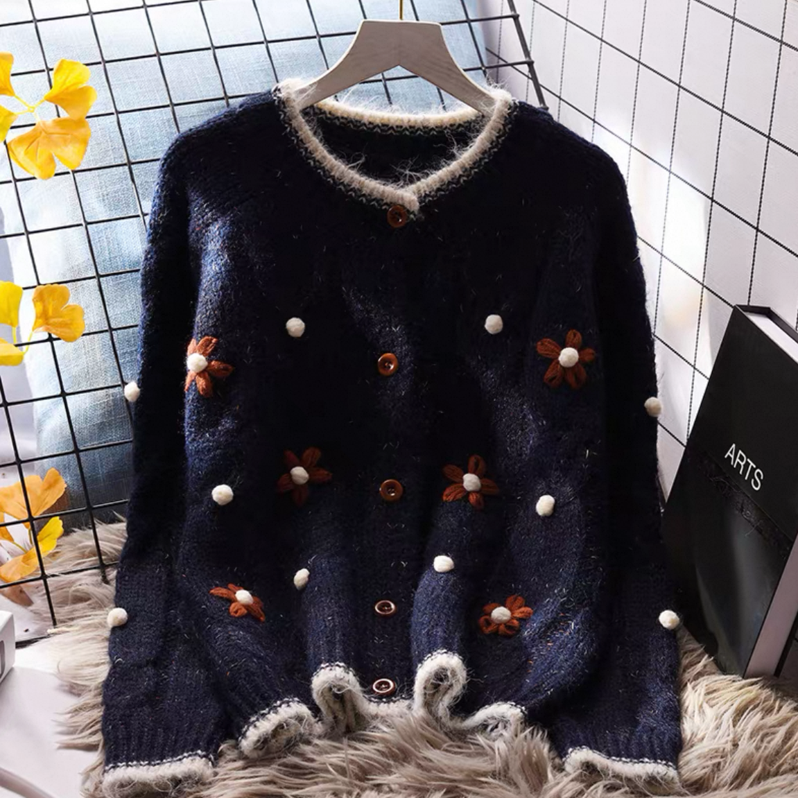 花柄カーディガン、前開きニットセーター、刺繍カーディガン、、花柄ニットセーター、ジャケット、レディース、冬、防寒対策