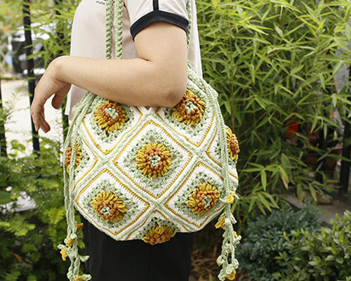 ひまわり 花モチーフ 手編みクロシェ巾着バッグ ショルダーバッグ