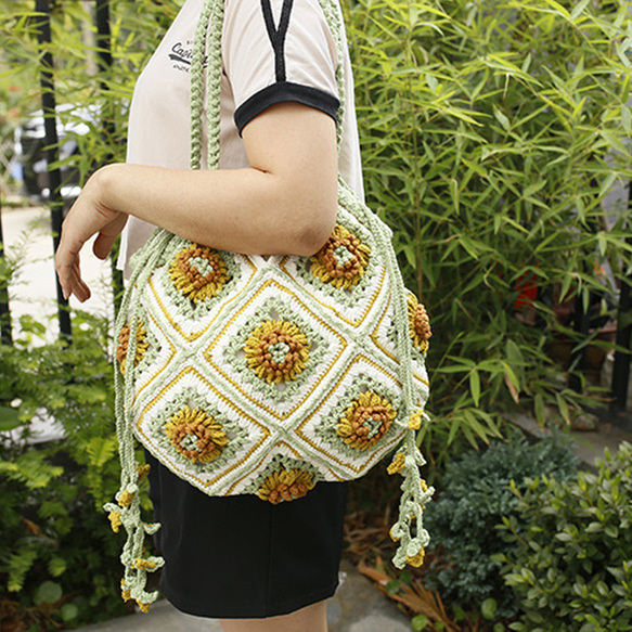 ひまわり 花モチーフ 手編みクロシェ巾着バッグ ショルダーバッグ
