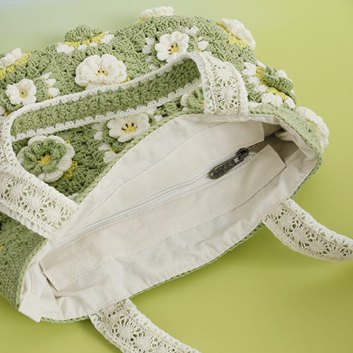 抹茶 花モチーフ 手編みクロシェトートバッグ かぎ針編み ハンドメイド