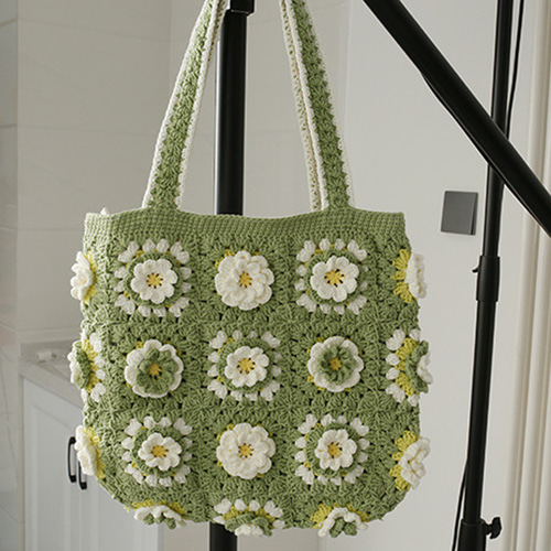 抹茶 花モチーフ 手編みクロシェトートバッグ かぎ針編み ハンドメイド