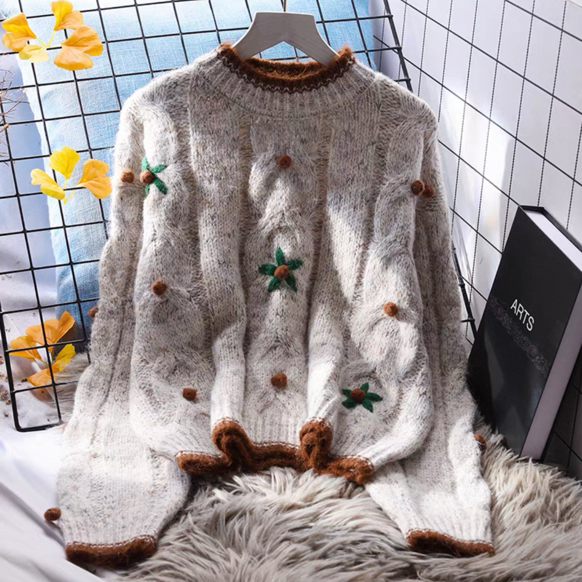 花柄ニットセーター、丸首ニットセーター、冬ニットセーター、レディース、防寒対策