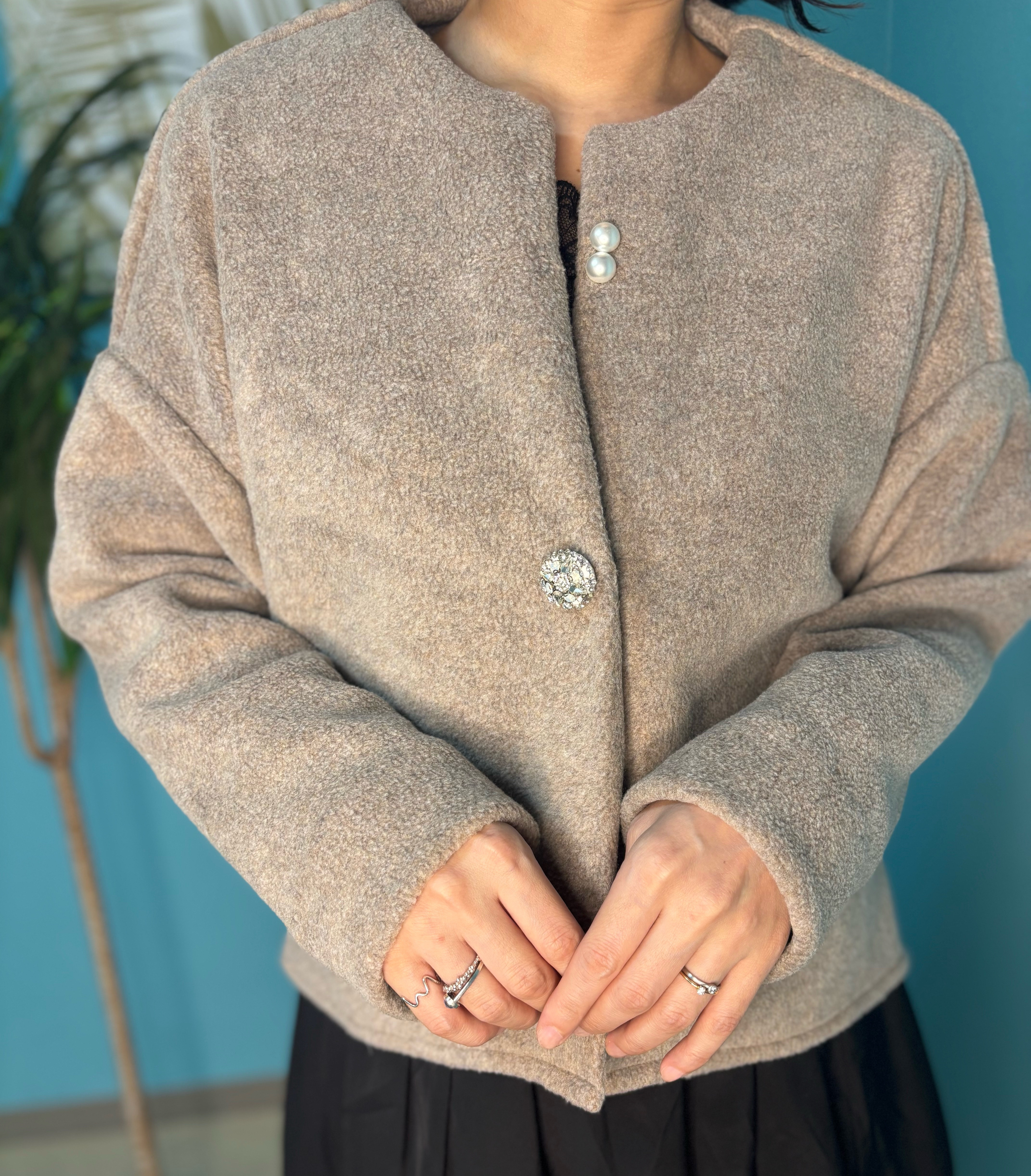 【受注制作】【上質メルトンフリース】■ノーカラーショートブルゾン■ 春先まで軽く羽織れる グレーベージュ...Mサイズ