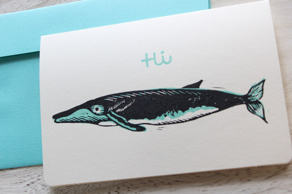 ナガスクジラの版画グリーティングカード　エメラルド 2枚目の画像