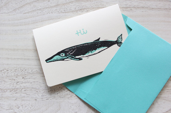 ナガスクジラの版画グリーティングカード　エメラルド 3枚目の画像