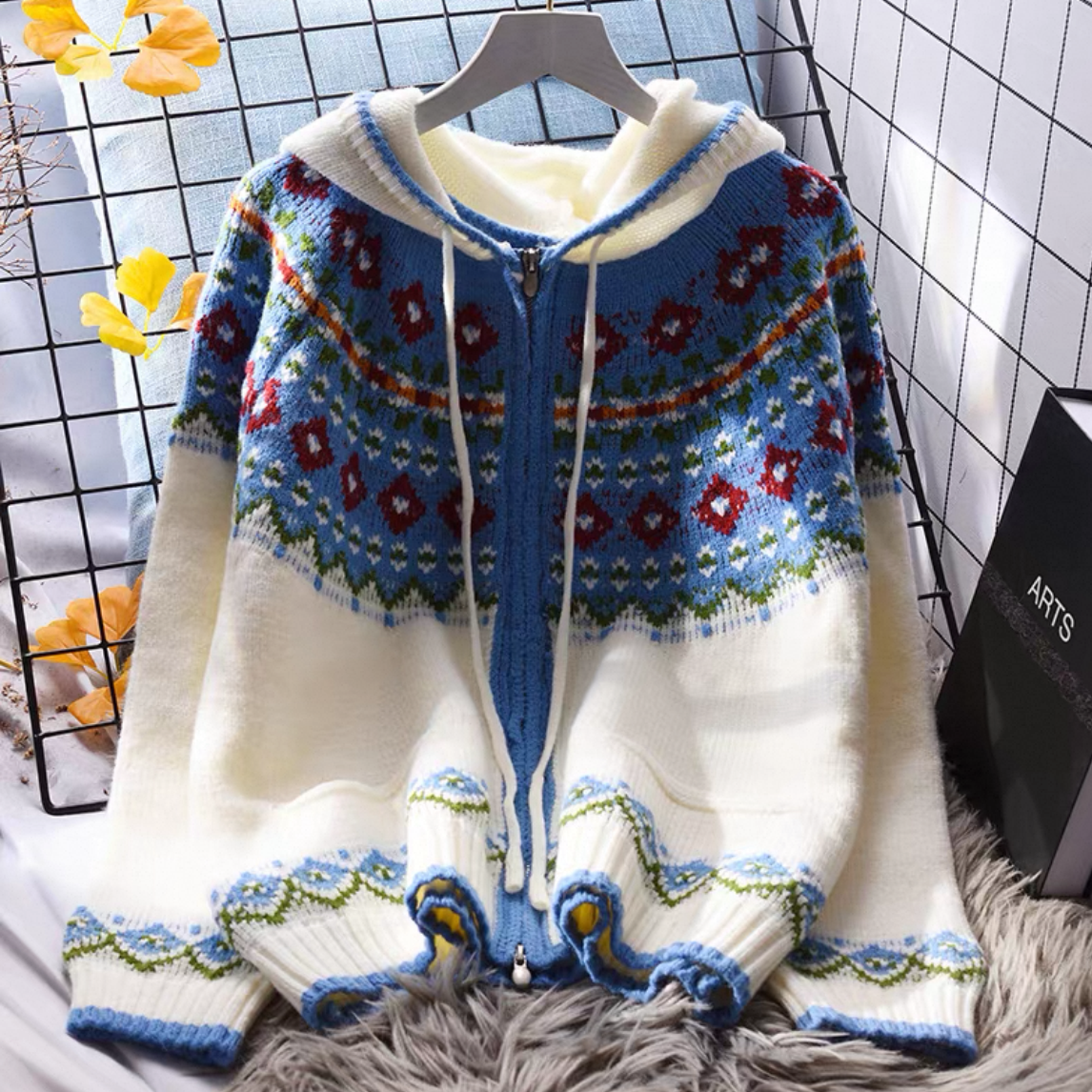 花柄カーディガン、前開きニットセーター、前開きカーディガン、、花柄ニットセーター、ジャケット、レディース、冬、防寒対策