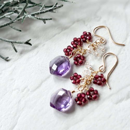 14kgf*アメジストとガーネットのピアス／イヤリング* ピアス（フック