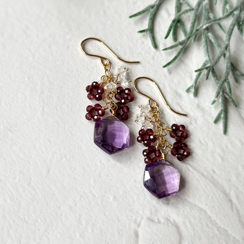 14kgf*アメジストとガーネットのピアス／イヤリング* ピアス（フック