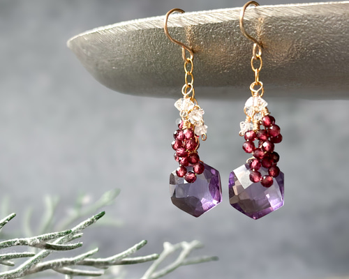 14kgf*アメジストとガーネットのピアス／イヤリング* ピアス（フック