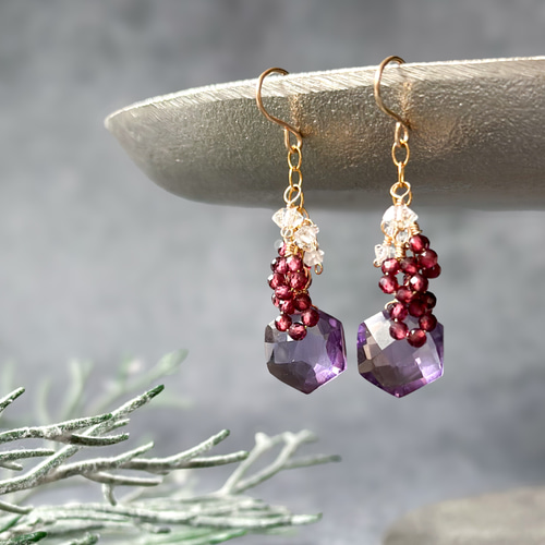 14kgf*アメジストとガーネットのピアス／イヤリング* ピアス（フック