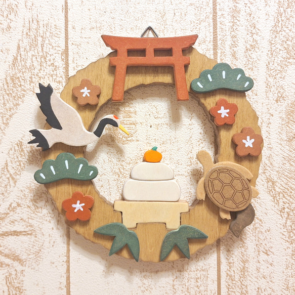 受注制作】木製お正月ミニリース 鶴と亀と鏡餅｜松竹梅の縁起飾り