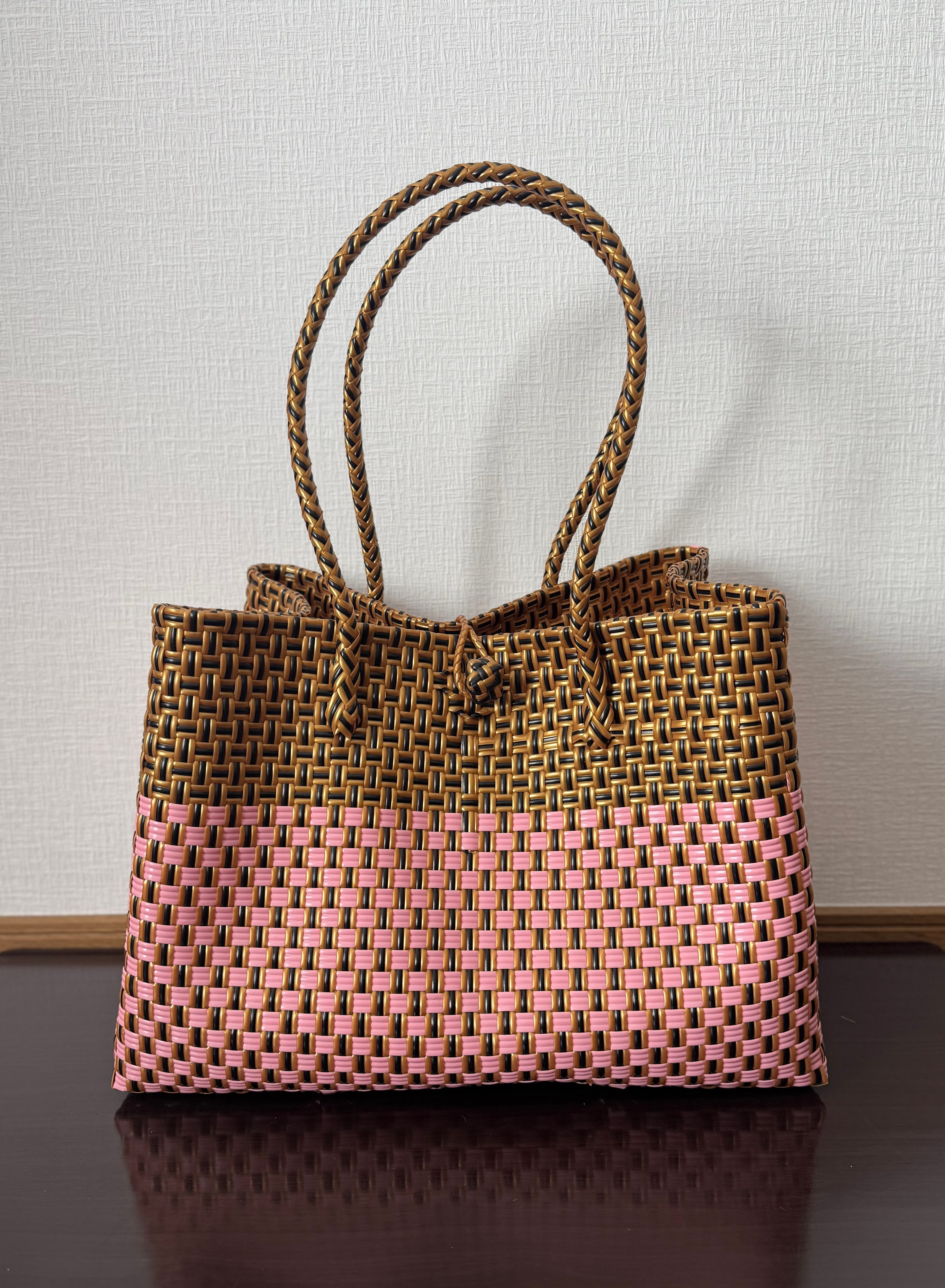 まるごと洗えるバッグ　プラカゴ　メルカド　トートバッグ　大容量　パサールバッグ　XLサイズ ゴールド×ピンク