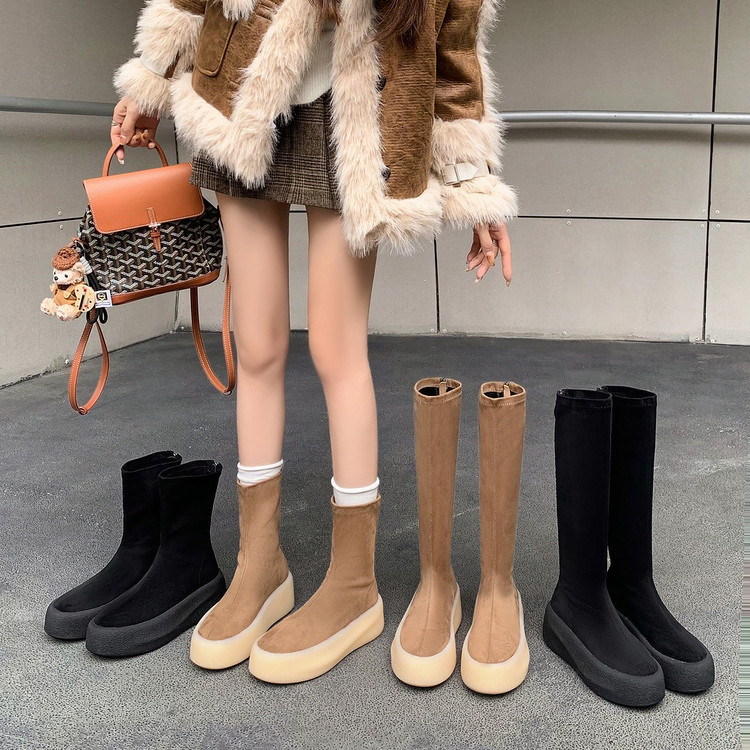 25新作レディース本革シューズ靴 丸頭厚底ストレッチスキニーブーツロングブーツ内側フリース付き#1254