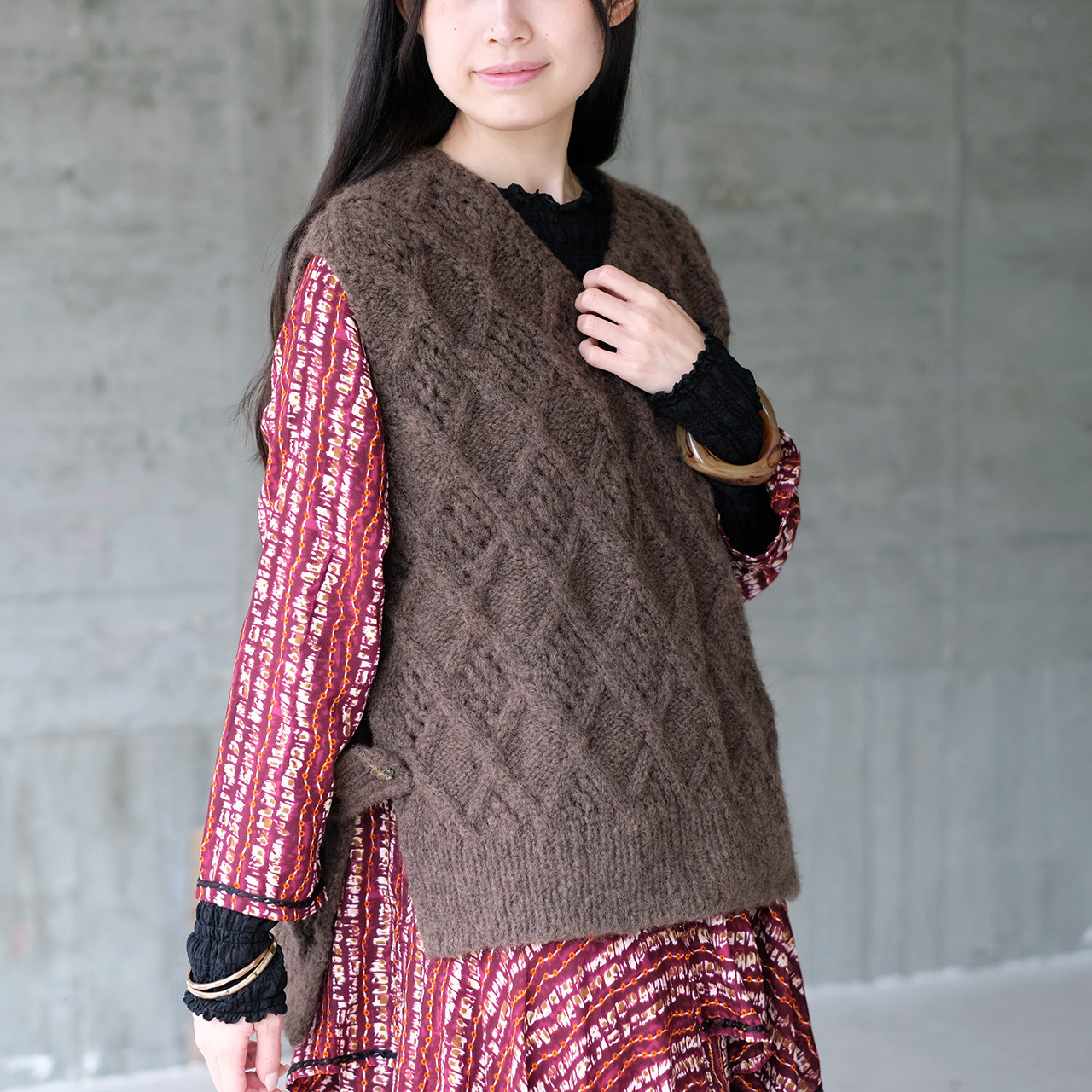 あったかウール♡手編みニットベスト（25w-05）ブラウン