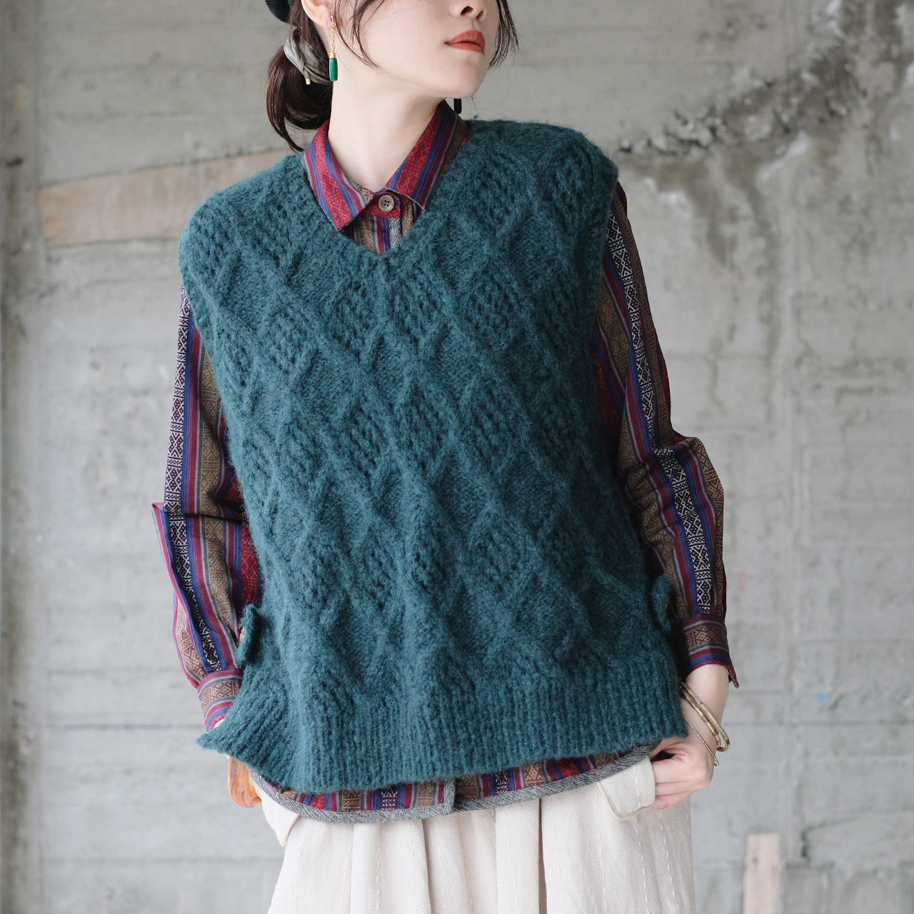 あったかウール♡手編みニットベスト（25w-05）グリーン