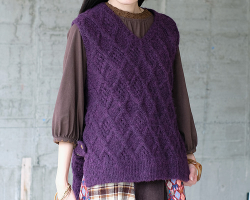 あったかウール♡手編みニットベスト（25w-05）パープル ベスト