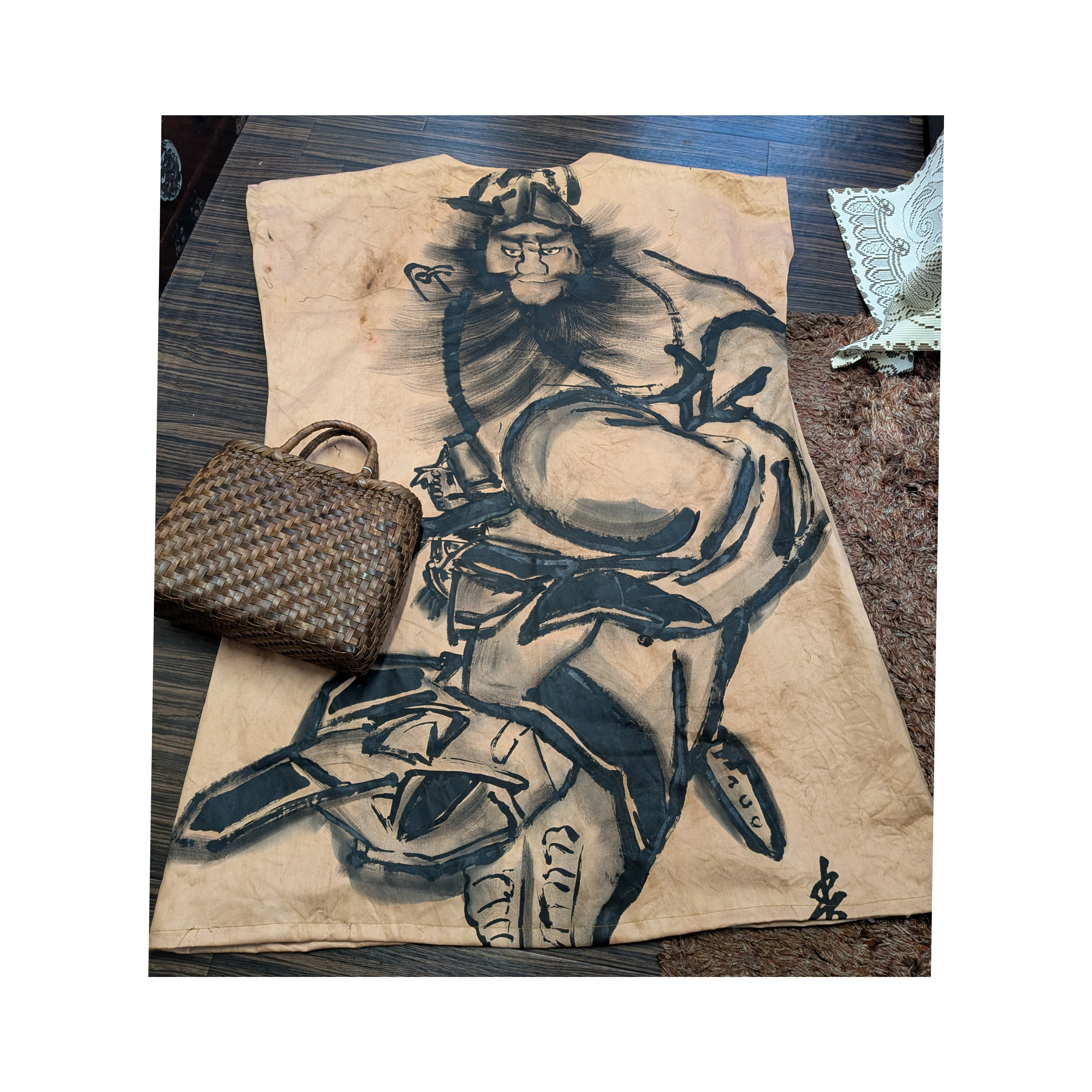 のぼり旗（鐘馗様）の柿渋染めワンピース　　古布リメイク