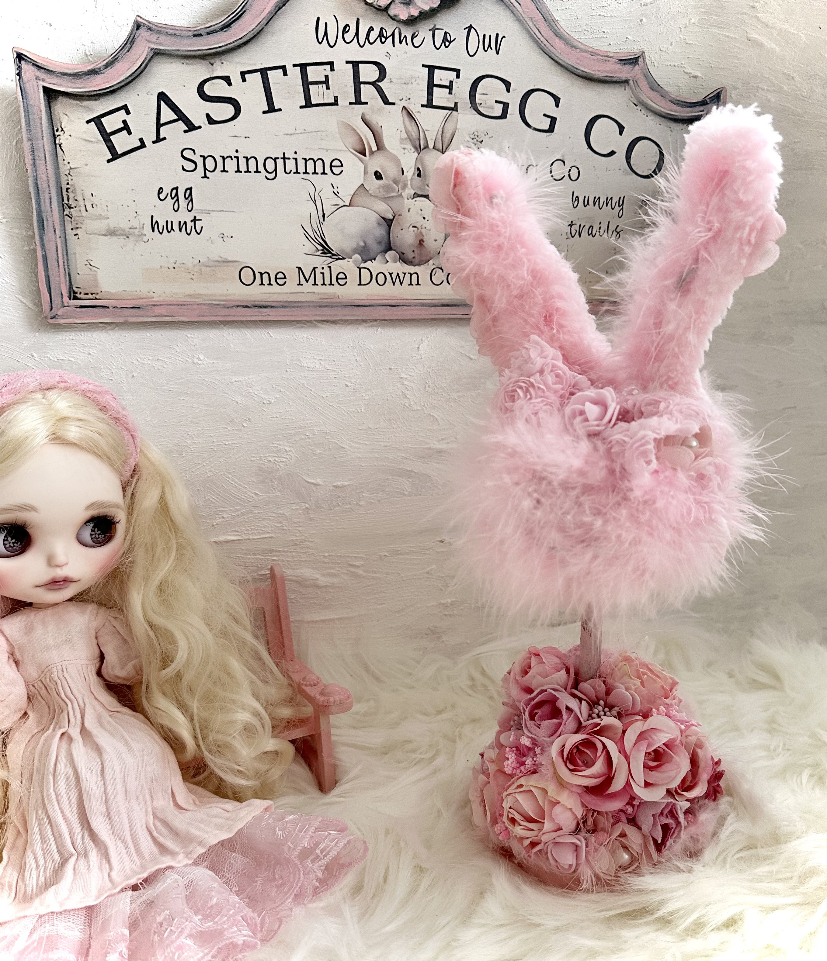 ファンシー/ふわふわ/ピンクうさぎのフラワートピアリー/光触媒加工/1点物