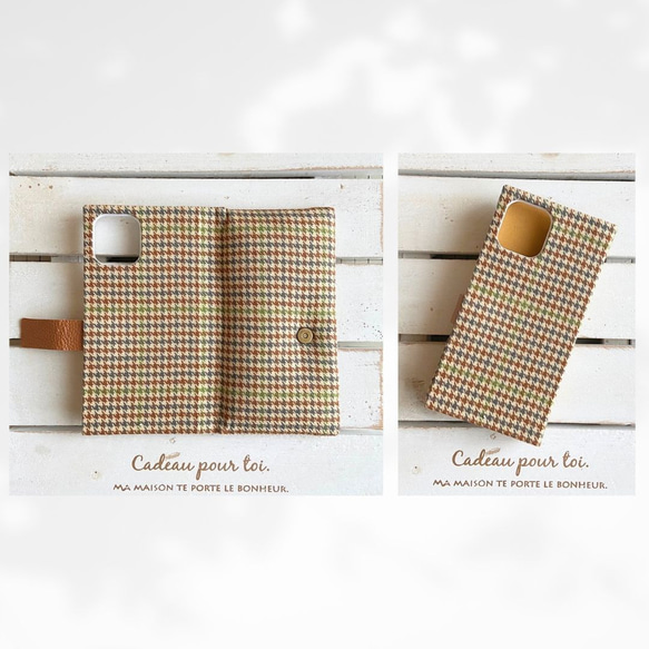 選べる仕様☆千鳥格子　茶☆手帳型スマホケース 2枚目の画像