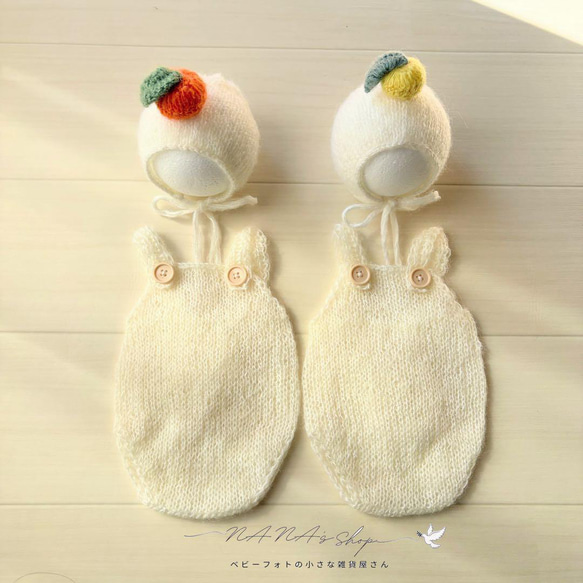 オレンジ♪鏡餅ボンネット 編み込みロンパースセット　ニューボーンフォト撮影衣装 オレンジ♪鏡餅ボンネット ロンパースセット ニューボーンフォト撮影