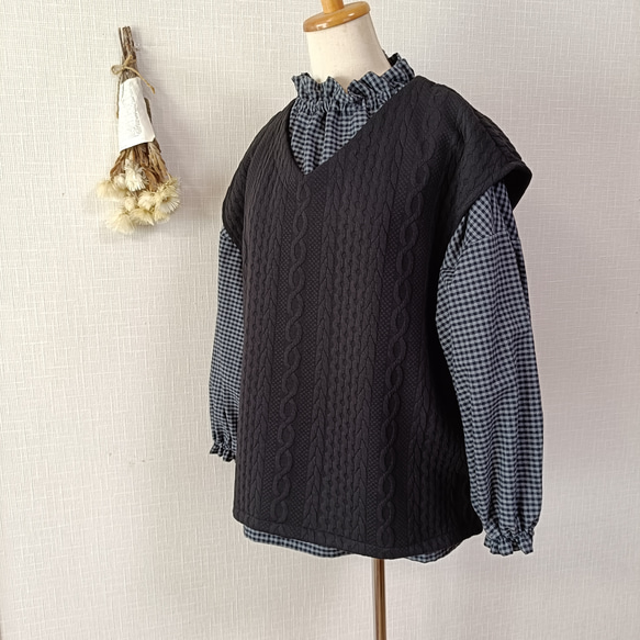 完売! 数量限定　起毛素材　ハイネックギャザーブラウス　グレー×ブラックのミニギンガムチェック柄　普通地～中厚地 10枚目の画像
