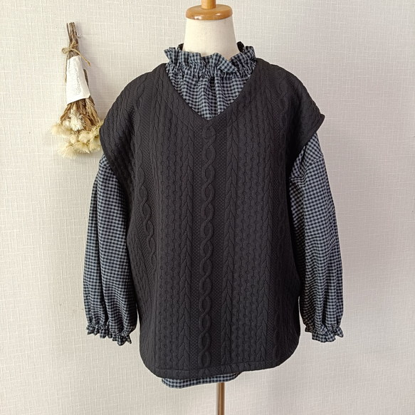 完売! 数量限定　起毛素材　ハイネックギャザーブラウス　グレー×ブラックのミニギンガムチェック柄　普通地～中厚地 9枚目の画像